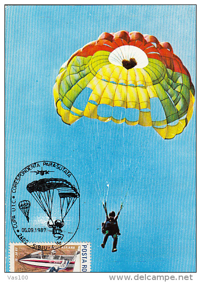 PARACHUTTING, CM, MAXICARD, CARTES MAXIMUM, 1987, ROMANIA - Parachutting