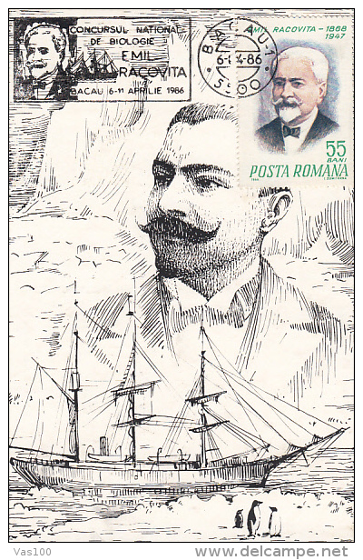 EMIL RACOVITA, EXPLORER, SHIP, PENGUINS, CM, MAXICARD, CARTES MAXIMUM, 1986, ROMANIA - Explorateurs