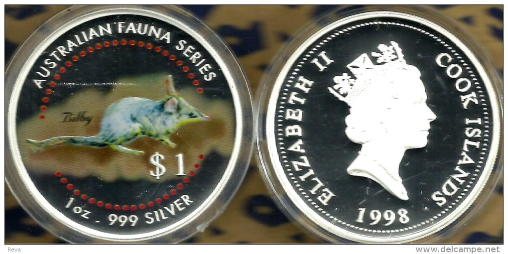COOK ISLANDS $1 AUSTRALIA ANIMALS BILBY FRONT QEII HEAD BACK 1998 PROOF 1Oz .999 SILVER READ DESCRIPTION CAREFULLY!!! - Isole Cook