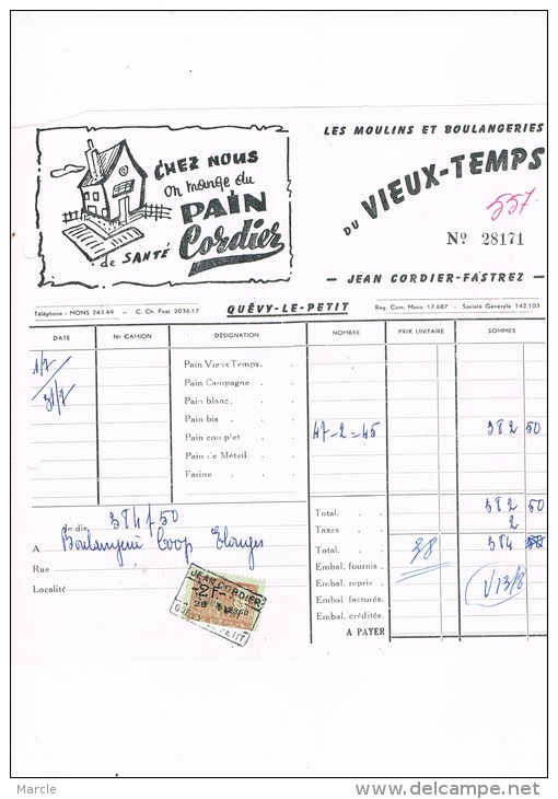 Les Moulins Et Boulangeries Du VIEUX-TEMPS  Jean Cordier Fastrez  Quévy-le-Petit 1960 - Lebensmittel