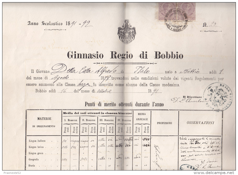Emilia Romagna-piacenza-bobbio--attestato Scolastico.ginnasio Regio-1891-ottimo Stato 46x31,5-interessante-di 130 Anni - Diplomas Y Calificaciones Escolares