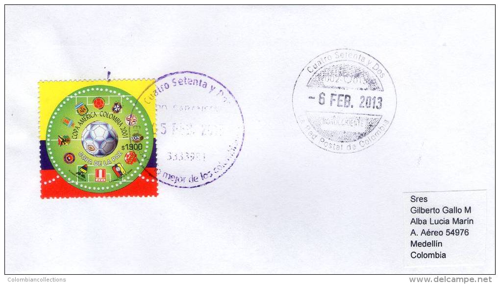 Lote SC327, Colombia, 2013, Sobre, Cover, Circular, Copa America 2001, Unusual, Circular Stamp, Soccer, Football - Ohne Zuordnung