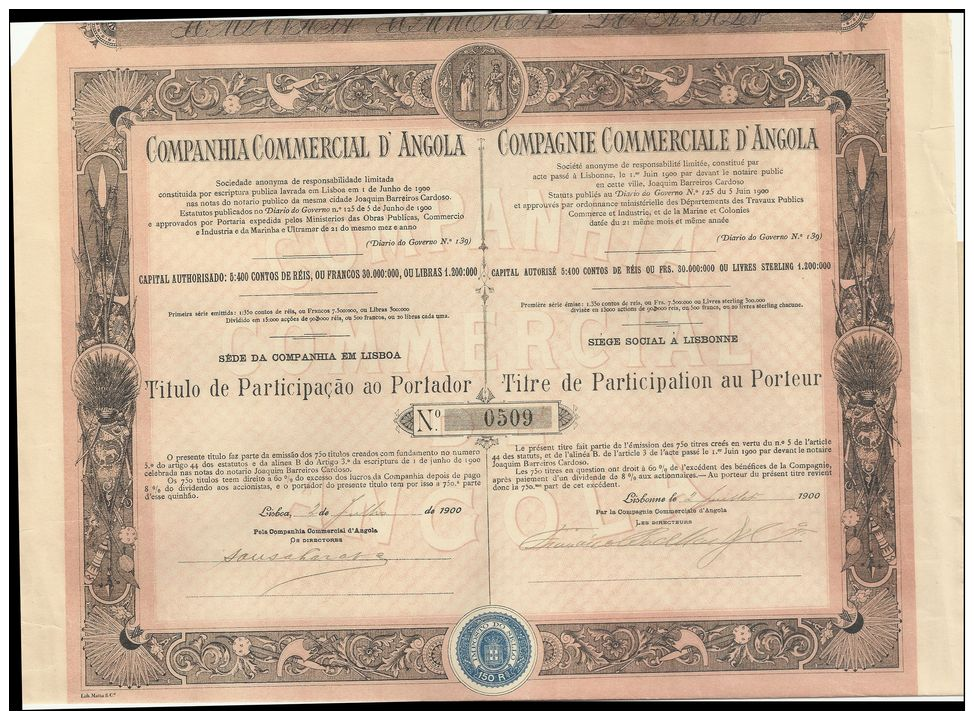 PORTUGAL. COMPANHIA  COMMERCIAL DE ANGOLA TITRE DE PARTICIPATION AU PORTEUR. 1900. - Africa