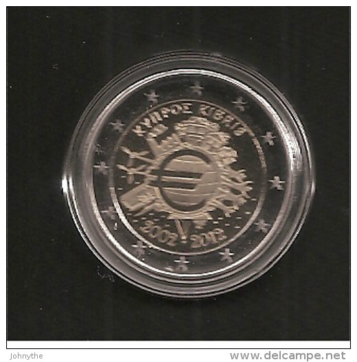 CYPRUS CHYPRE ZYPERN 2012 2 EURO UNC COIN  (2002-2012 ,Ten Years Euro) IN OFFICIAL CENTRAL BANK CAPSULE - Zypern
