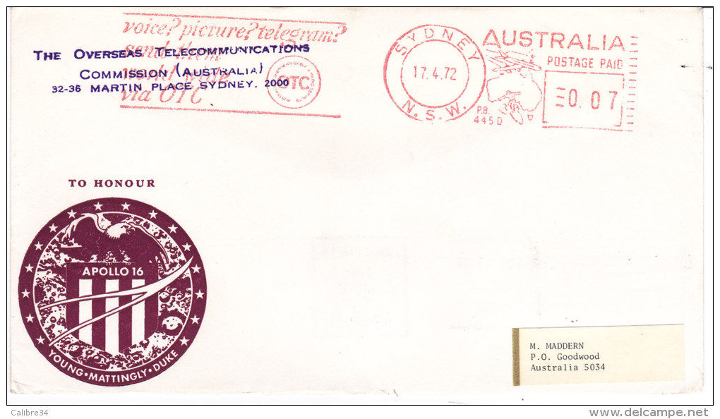 APOLLO 16 To Honour The Overseas Telecommunications Commission MARTIN PLACE SYDNEY AUSTRALIE 17 Avril 1972 - Océanie