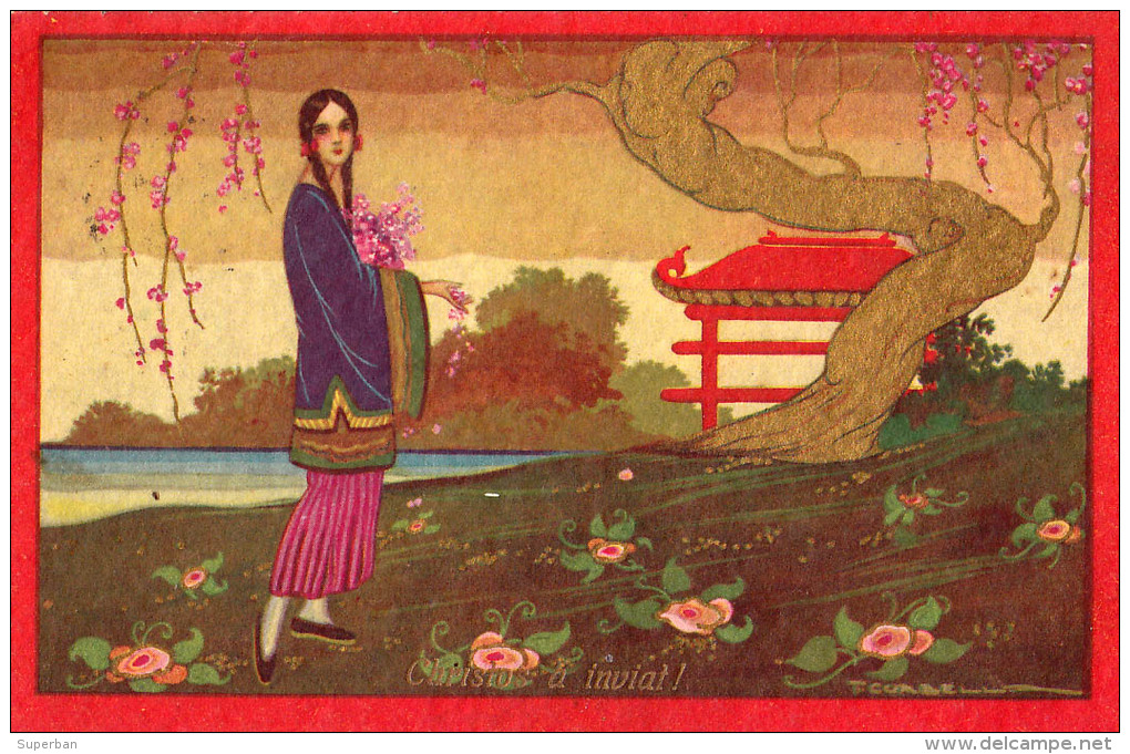 ART DÉCO : CORBELLA : JEUNE FEMME Dans JARDIN JAPONAIS / JAPAN - ILLUSTRATION SIGNÉE: T. CORBELLA - ANNÉE ~ 1925 (o-616) - Corbella, T.
