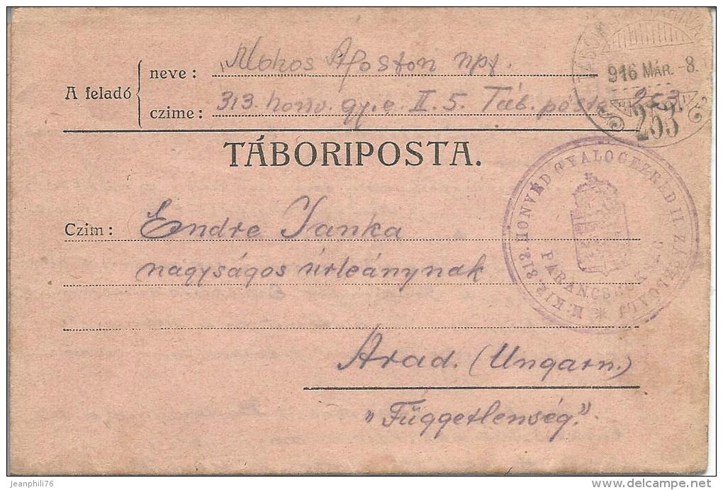 Taboriposta M.kip 312 Honves Gyalogezred II Zaszlcalj Parabcsroksag D'un Militaire Pour Arad 1916 - Postmark Collection