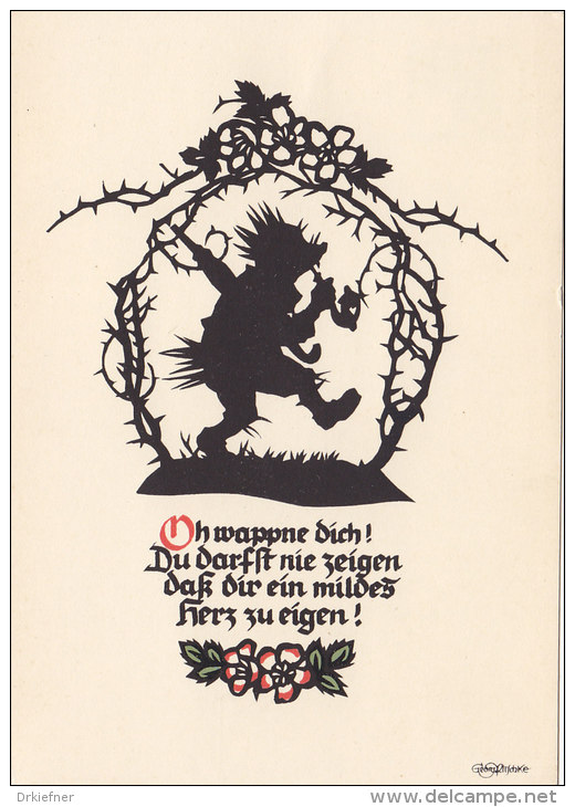 Plischke Scherenschnitt: Igel Mit Pfeife Und Regenschirm, "OPh Wappne Dich...", Um 1960 - Scherenschnitt - Silhouette