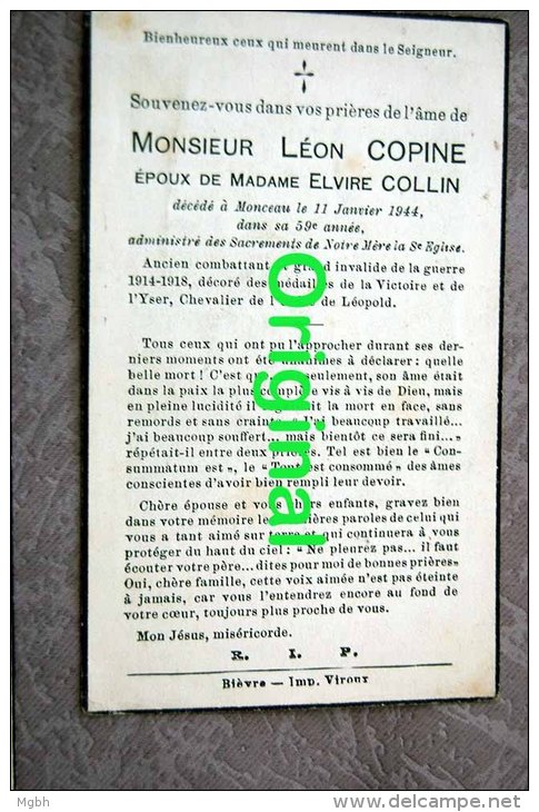 Léon Copine, Ep Collin, + Monceau 1944, Ancien Combattant 1914-1918 - Bièvre