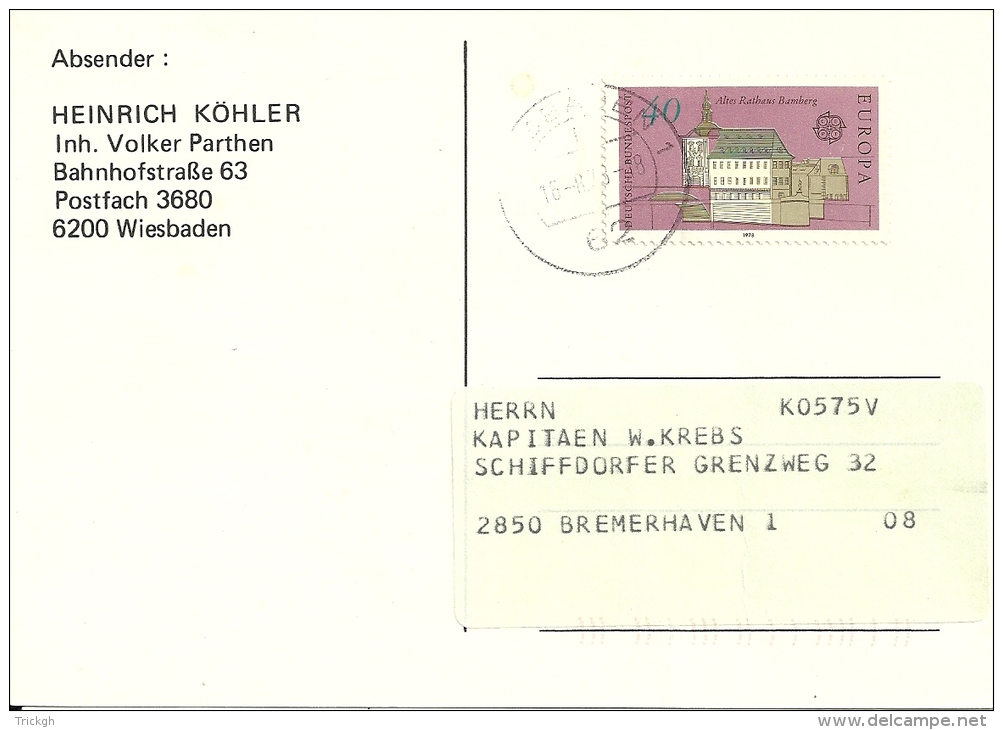 Deutschland 1978 Wiesbaden &gt;&gt; Bremerhaven / Europa Cept - Briefe U. Dokumente