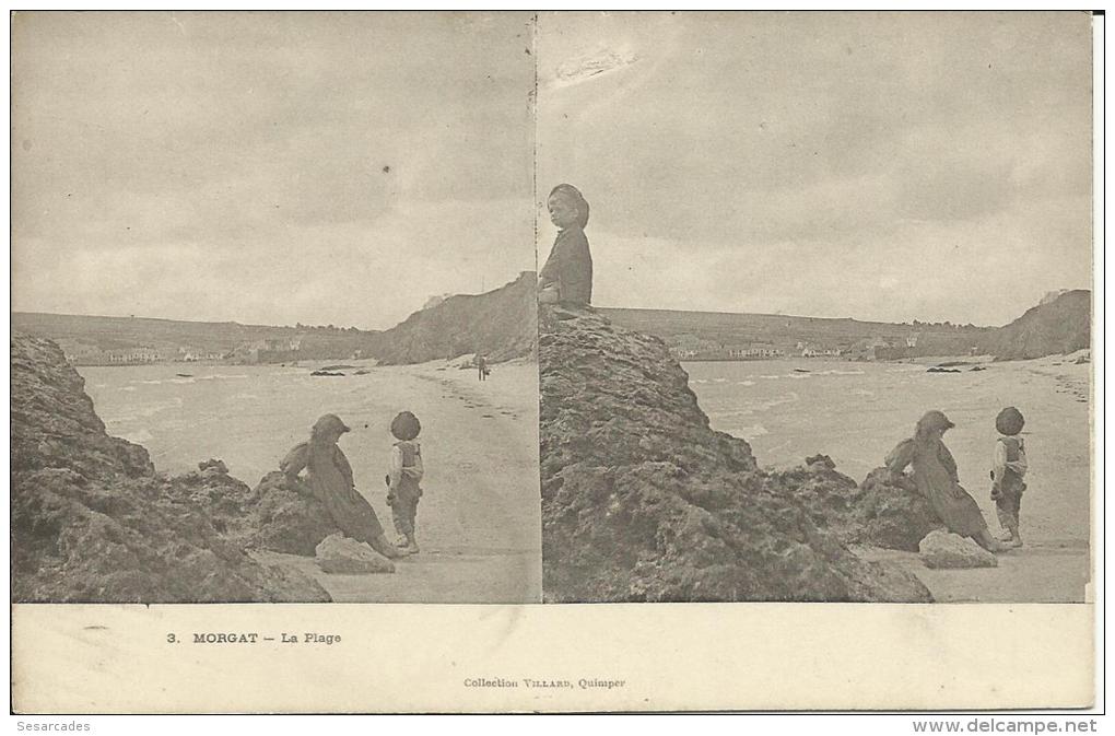 MORGAT - LA PLAGE. N&ordm;3 - CARTE STEREOSCOPIQUE - PRECURSEUR - Morgat