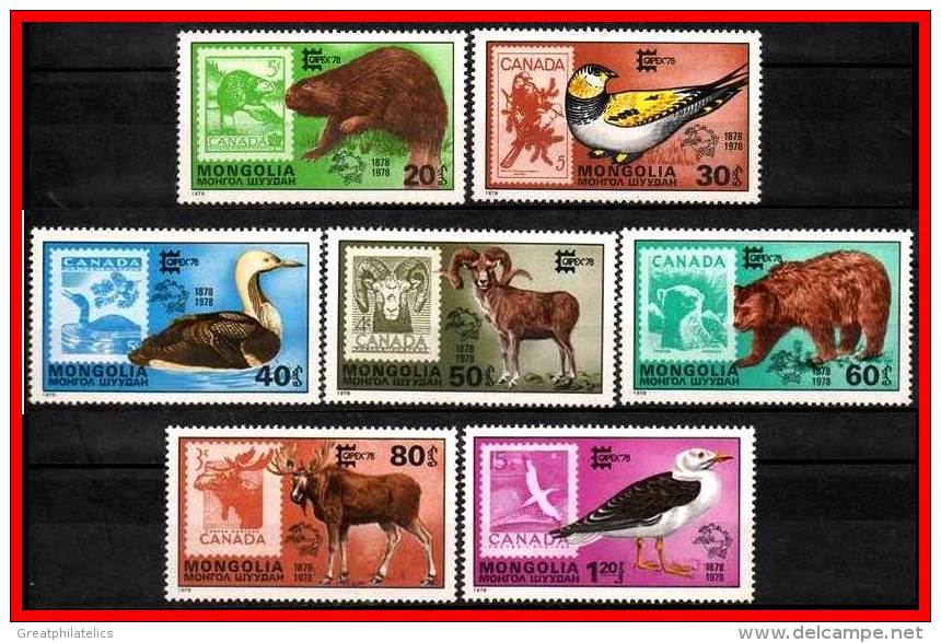 MONGOLIA 1978 CANADA STAMP SHOW = BIRDS & ANIMALS SC#1019-25 MNH CV$5.95 (3D0879) - Mongolia