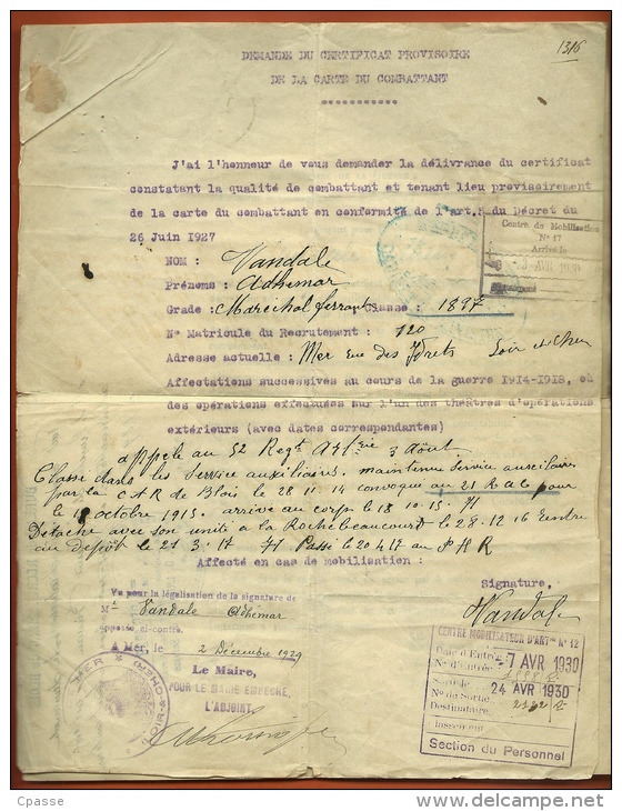 MILITARIA - 1929 Demande Du Certificat Provisoire De La Carte Du Combattant 1914 1918 - Mairie De MER 41 - Sin Clasificación