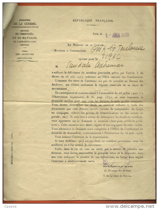 MILITARIA - 1929 Demande Du Certificat Provisoire De La Carte Du Combattant 1914 1918 - Mairie De MER 41 - Sin Clasificación