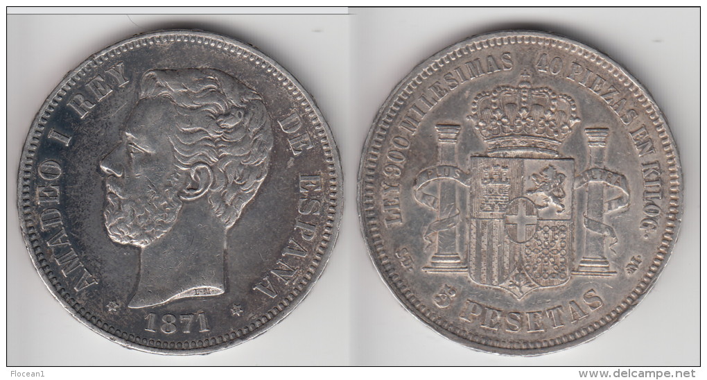 QUALITE **** SPAIN - ESPAGNE - 5 PESETAS 1871 (71) SD-M AMADEO I - SILVER -ARGENT **** EN ACHAT IMMEDIAT !!! - First Minting