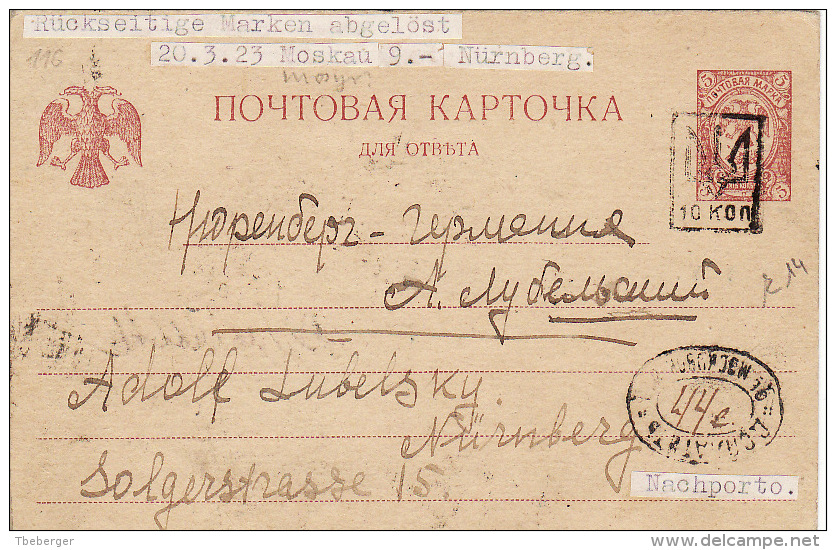 Russia Trident Overprinted Kerensky Response Postcard 5 K.; Moscow To Nürnberg 1923 Doplatit (k14) - Covers & Documents