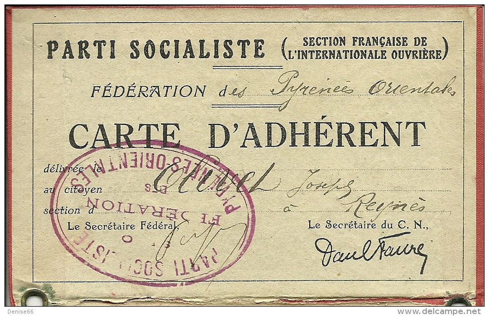 PARTI SOCIALISTE - S.F.I.O. - Carte D´ Adhérent De La Fédération Des Pyrénées-Orientales - Cachet - Historical Documents