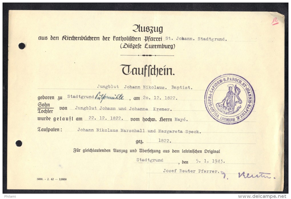 LUXEMBOURG 1943, PAROCH. ST. JOANNIS BAPTISTE. (3VD61) - Documents Historiques