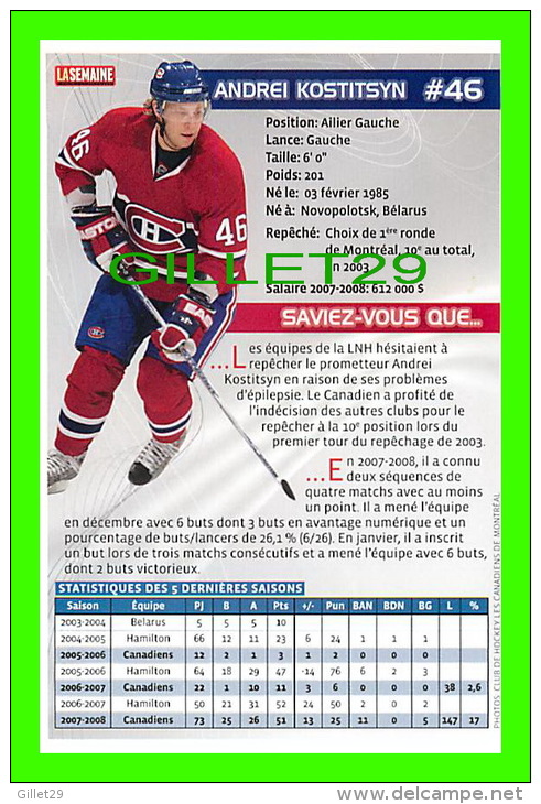 HOCKEY - ANDREI KOSTITSYN,  No 46 CANADIEN DE MONTRÉAL - PHOTOS ET FICHES, 2003-2008 - - Autres & Non Classés