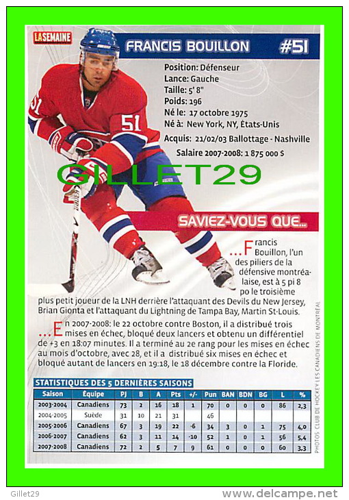 HOCKEY - FRANCIS BOUILLON,  No 51, CANADIEN DE MONTRÉAL - PHOTOS ET FICHES, 2003-2008 - - Autres & Non Classés