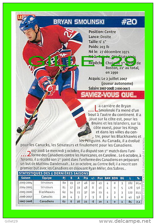 HOCKEY - BRYAN SMOLINSKI,  No 20, CANADIEN DE MONTRÉAL - PHOTOS ET FICHES, 2003-2008 - - Autres & Non Classés