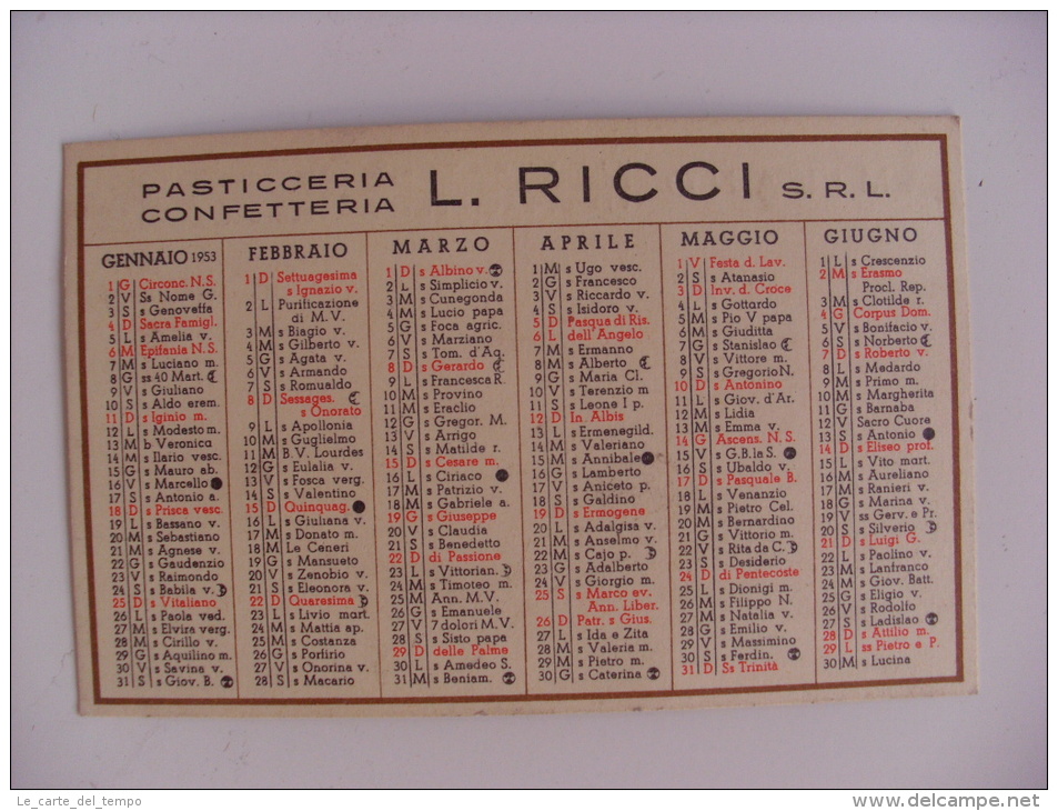 Calendarietto/calendario "Pasticceria Confetteria L.RICCI - MILANO" 1953 - Grossformat : 1941-60