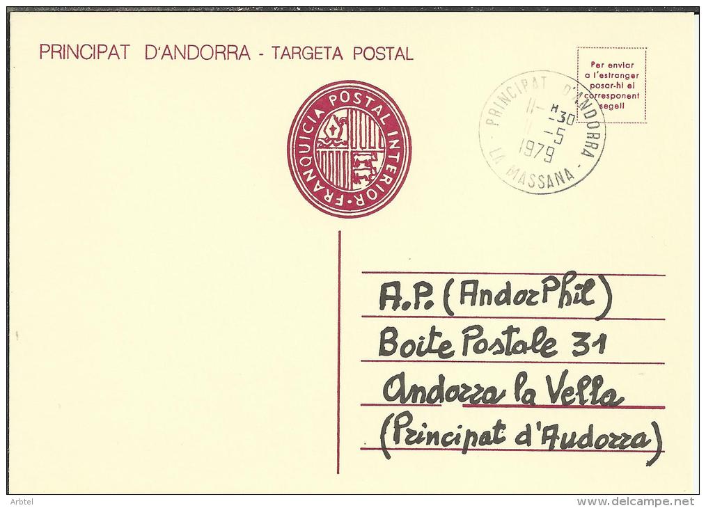 ANDORRA TARJETA POSTAL CON FRANQUICIA INTERIOR MAT CORREO FRANCES LA MASSANA - Autres & Non Classés