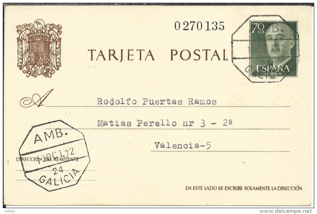 ENTERO POSTAL FRANCO CIRCULADO CON MATASELLOS AMBULANTE GALICIA 24 - 1931-....