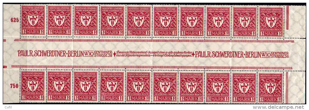 GERMANY REICH 1922 - 1¼ M - Complete Strip Of 10 Gutter Pairs / Kompleter Streifen Von 10 Zwischenstegpaare - Unused Stamps