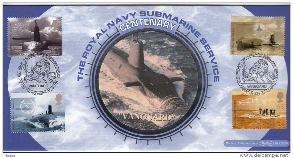 Benham FDC 2001, Submarine Service. Defence,Militaria, Lion Catchet, Vanguard. Great Britain - 2001-2010 Dezimalausgaben