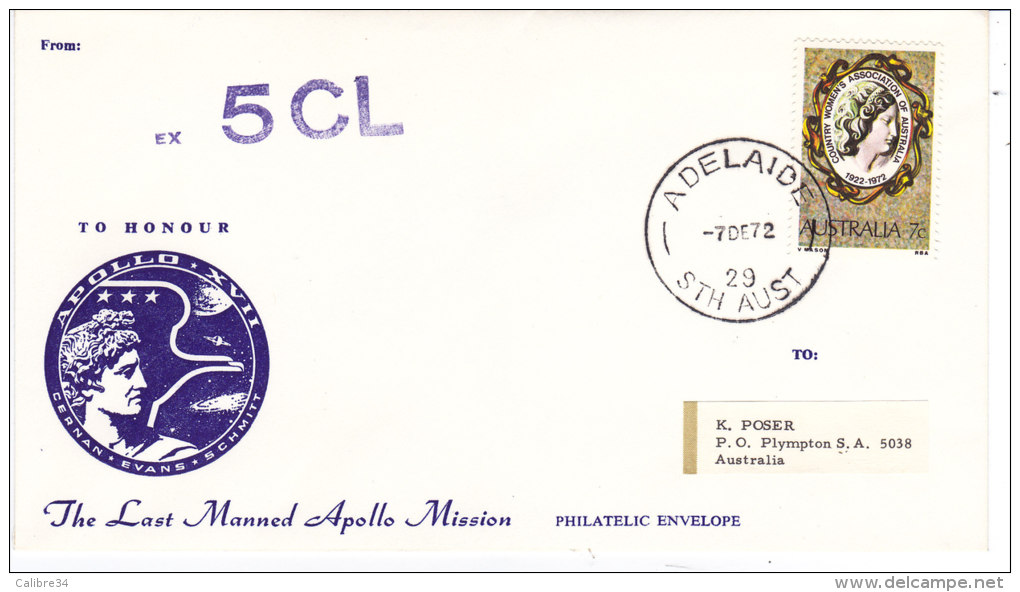 APOLLO 17 To Honour 5CL ADELAIDE AUSTRALIE 7 Decembre 1972 - Océanie