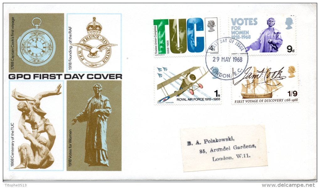 GRANDE-BRETAGNE. N°510-3 Sur Enveloppe 1er Jour (FDC) De 1968. Vote Des Femmes/Bateau De Cook/Royal Air Force - Explorateurs