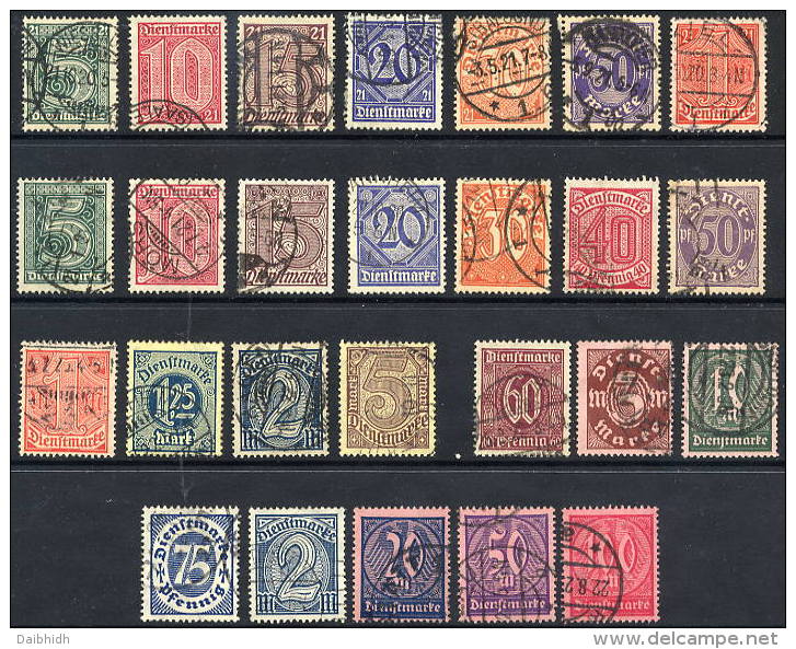 DEUTSCHES REICH 1920-23 Official Issues Complete Except 1921 10 Pfg. And 1923 10 Mk. Used.  Michel 16-33, 66-74 Exc. 71 - Dienstzegels