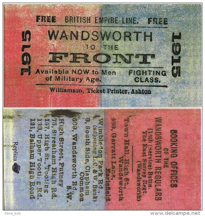 WW1 1915 Wandsworth To The Front Ticket Replica - Tickets - Vouchers
