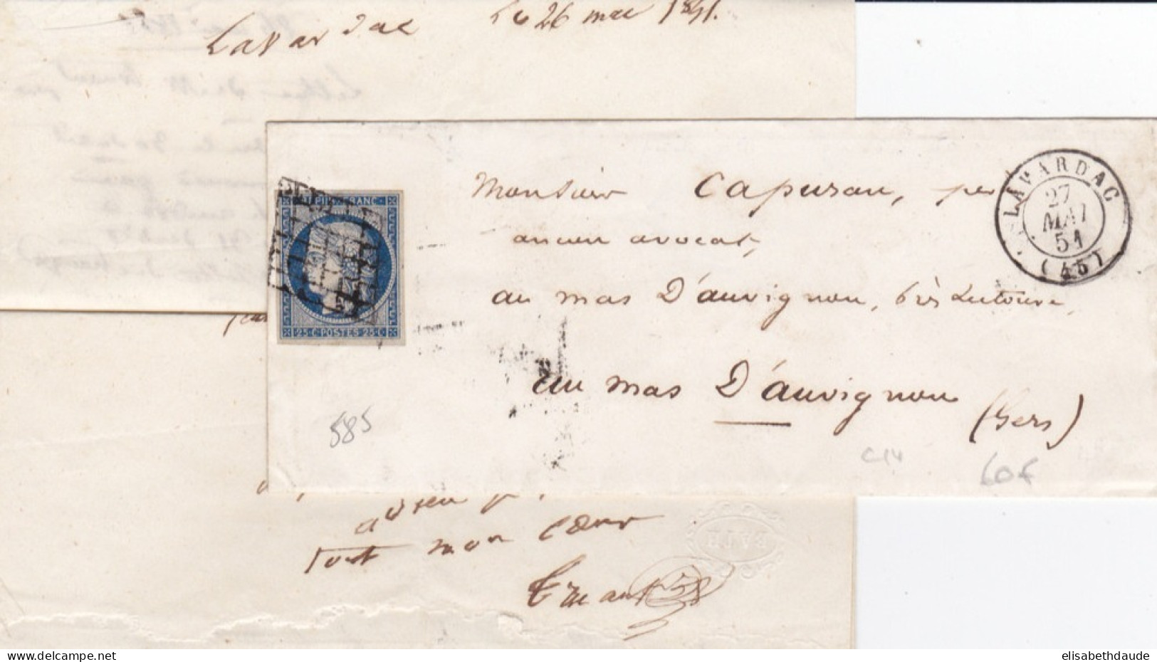 1851 - 25c CERES Sur ENVELOPPE + LETTRE De LAVARDAC (LOT ET GARONNE) Pour Le GERS - IND 14 - 1849-1850 Ceres