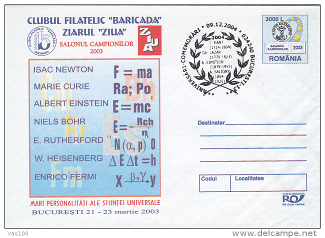 ALBERT EINSTEIN, PHYSICIST, SCIENCE PEOPLES, COVER STATIONERY, ENTIER POSTAL, 2003, ROMANIA - Albert Einstein