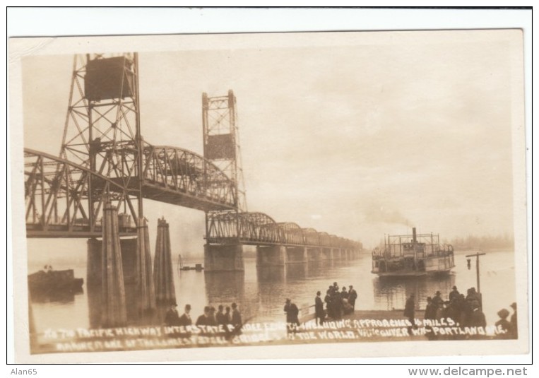 Portland OR Oregon, Columbia River Ferry, Bridge, C1910s Vintage Real Photo Postcard - Portland