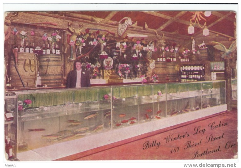 Portland OR Oregon, Billy Winter's Log Cabin Bar With Aquarium, C1910s Vintage Postcard - Portland