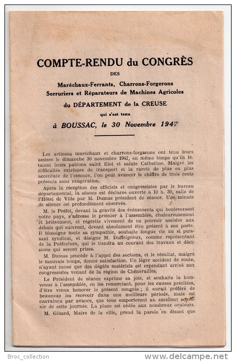 Compte-rendu Du Congrès De Maréchaux-ferrants, Charrons-forgerons... Creuse, Boussac, 30 Novembre 1947 - Limousin