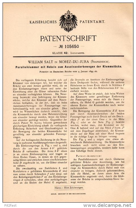 Original Patentschrift - W. Salt In Morez Du Jura , 1899 , Dispositif De Lunettes, Opticien, Ophtalmologue !!! - Morez