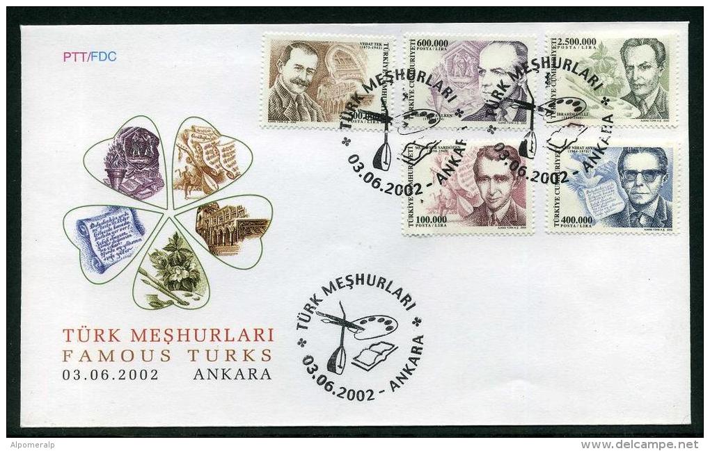 TURKEY 2002 FDC - Famous Turks, Michel #3304-08; ISFILA #3701-3705, Scott #2829-33. - FDC