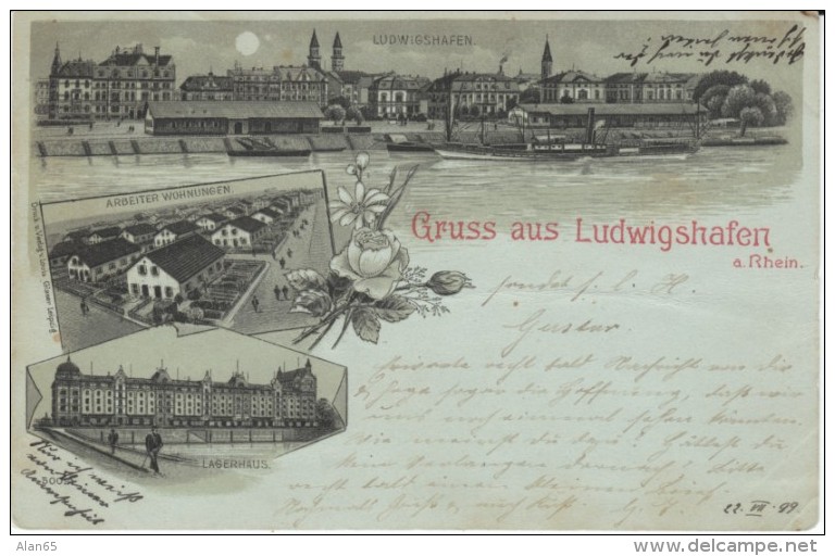 Ludwigshafen A. Rhein Germany, Gruss Aus Style Greetings, Multi-view Images, C1890s Vintage Postcard - Ludwigshafen