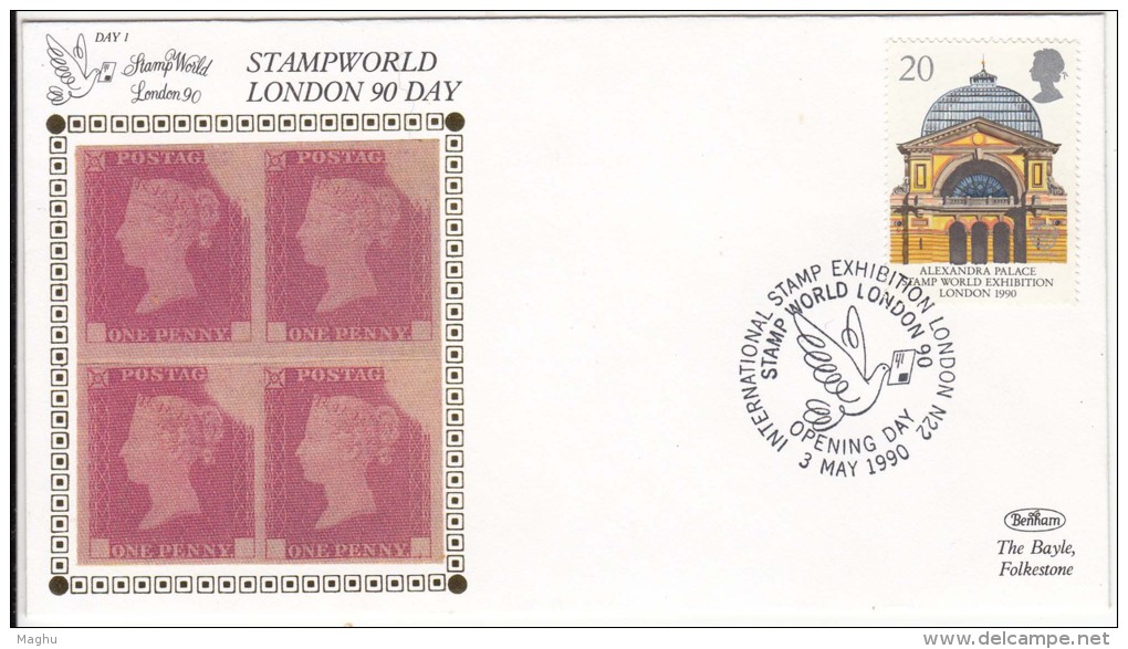Benham Limited Edition Stamp Exhibition Cover 1990, Stamp World, Opening Day, Bird Dove,  London 90, Great Britain - Postmark Collection