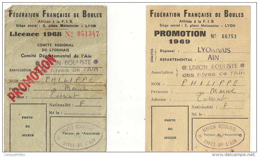 CARTE FÉDÉRATION FRANÇAISE DE BOULES . LICENCE BOULES LYONNAISE. ANNEE 1968/69. - Non Classés