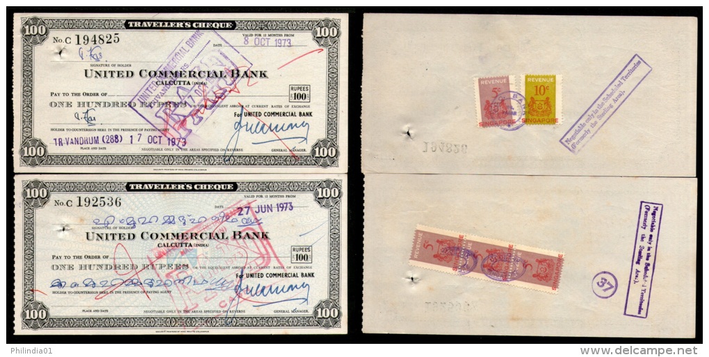 India United Commercial Bank Rs. 100 Travellers Cheque Singapore Revenue X2 # 6258E - Bank En Verzekering