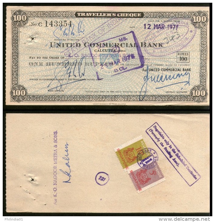 India United Commercial Bank Rs.100 Travellers Cheque Singapore Revenue # 6255A - Bank & Versicherung