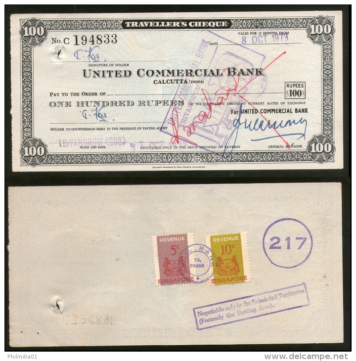 India United Commercial Bank Rs.100 Travellers Cheque Singapore Revenue # 6255C - Bank & Insurance