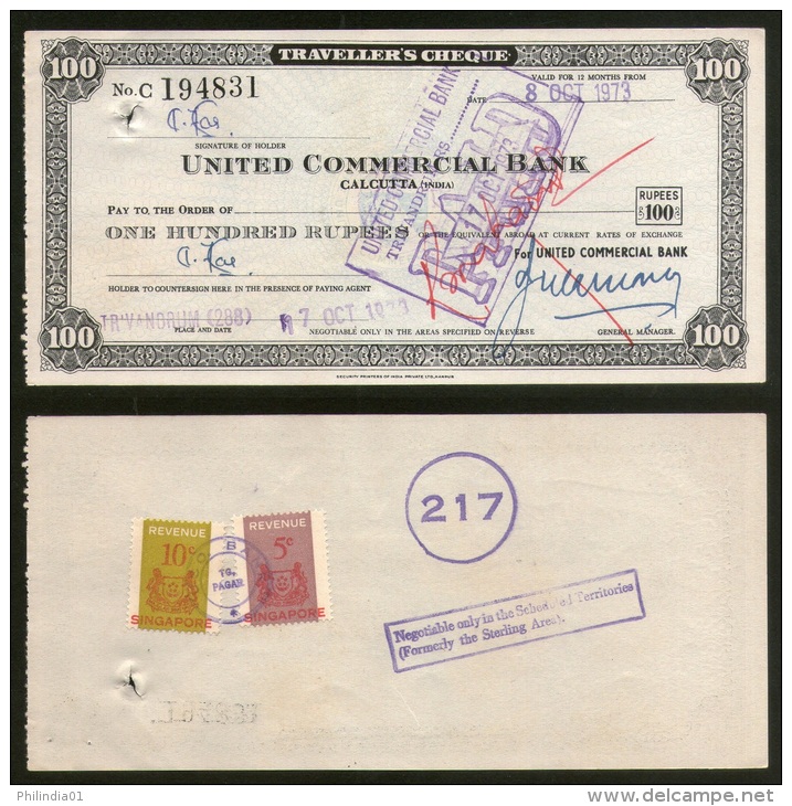 India United Commercial Bank Rs.100 Travellers Cheque Singapore Revenue # 6255D - Bank En Verzekering