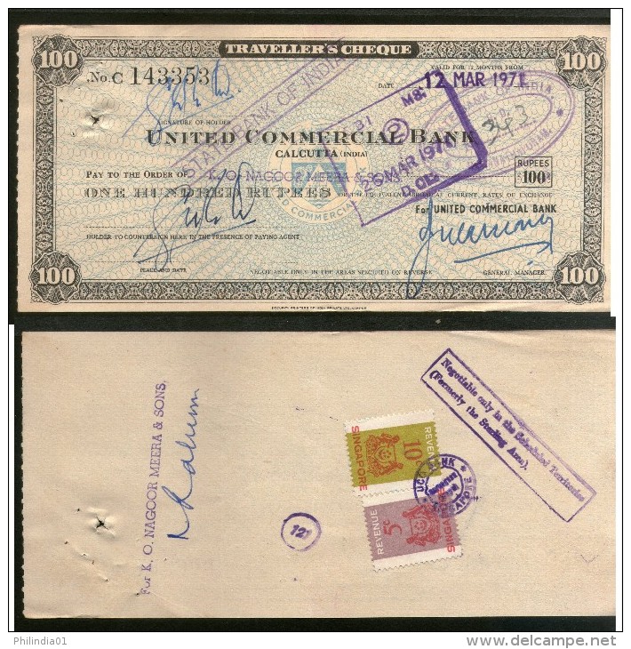 India United Commercial Bank Rs.100 Travellers Cheque Singapore Revenue # 6255E - Bank En Verzekering