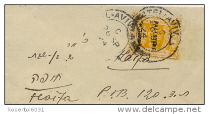 Palestine 1924 Small Cover From Tel Aviv To Haifa With 2 Mill. Yellow Overprinted With Arabic, English And Hebrew Lines - Palästina